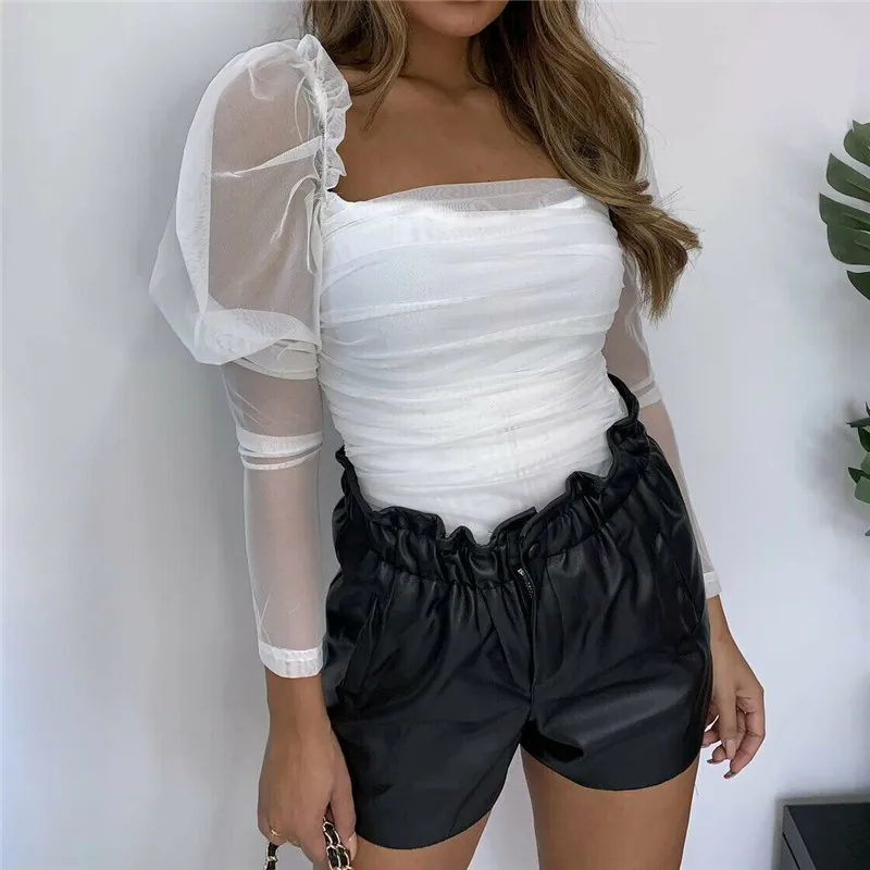 

Women mesh Blouse Autumn Summer Clothing New Long sleeve Square collar Sheer Lace Crop top Sexy Club High street Pullover tops