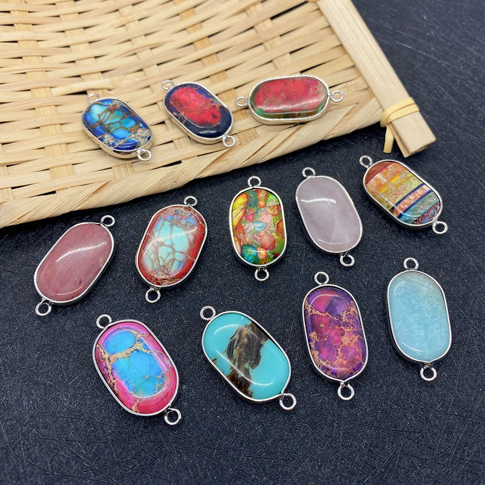 

Natural Turquoise Pendant Double Ring Connector Pendant for Jewelry Making Oval Charm Necklace Bracelet Color Stitching Pendant