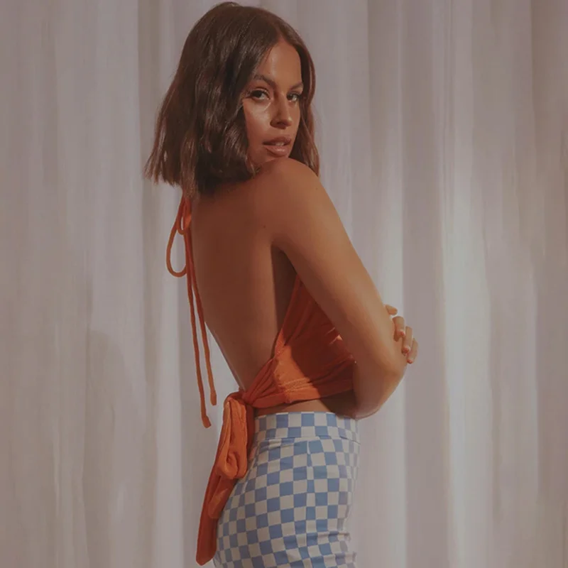 

XUXI V-neck Tie Halterneck Vest Women Fashion Solid Color Slim Halter Crop Top Summer 2021 E2787