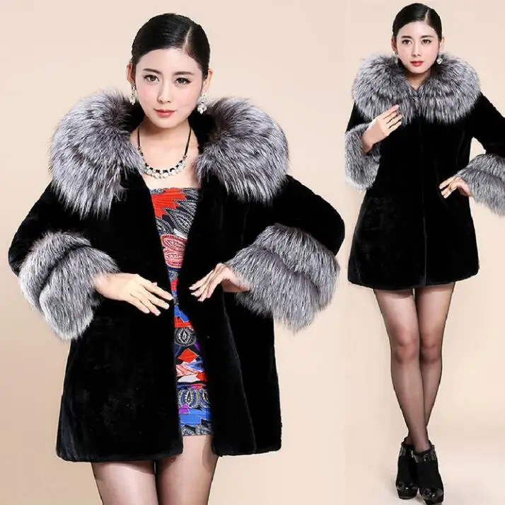 Autumn faux mink fur leather jacket womens warm fur leather coat women loose jackets winter thicken fashion black big fur collar