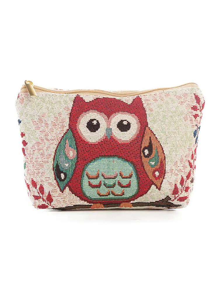 

Women Red Owl Jacquard Makeup Bag Zipper Quality Travel Pouch Toiletry Bag Hold in Hand Organizer Pouch Make Up Bag Female 4896