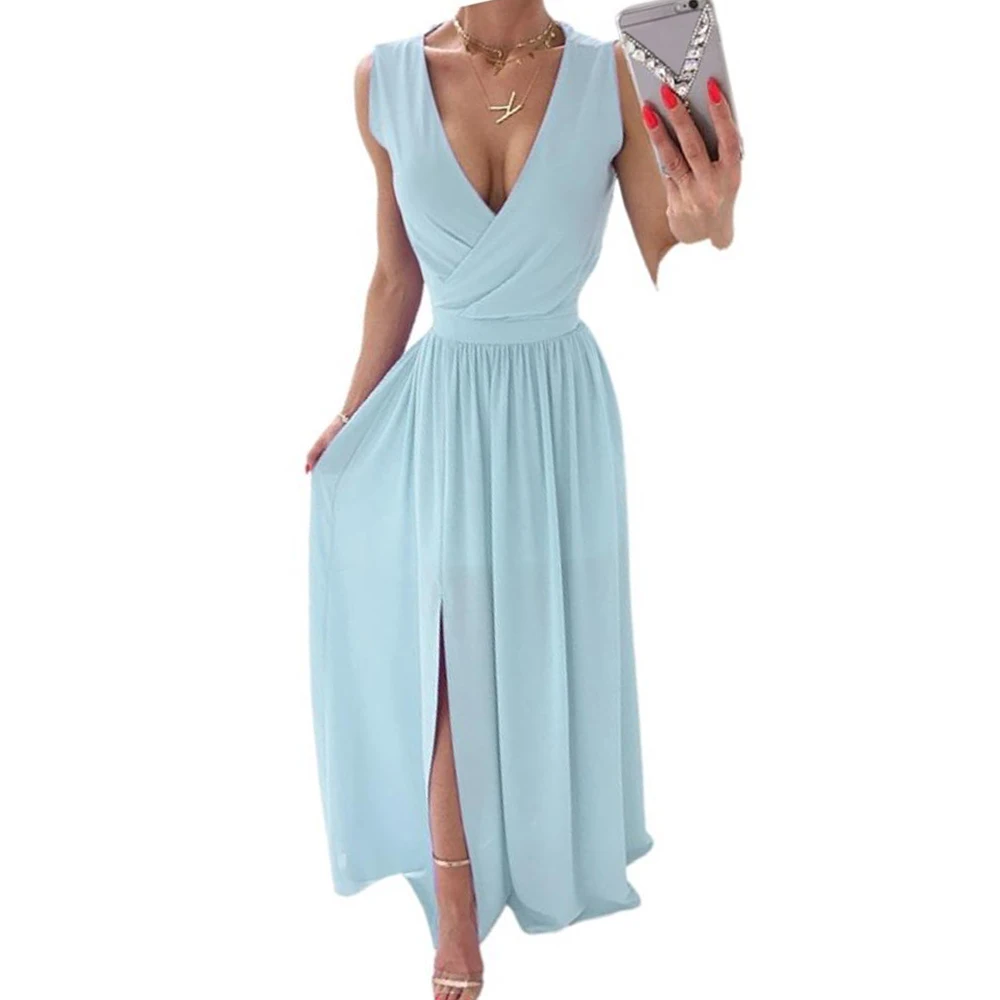 

VICABO Woman Dress Summer Sleeveless V-Neck Cross Maxi Dress Side Slit Party Vestidos Maxi Dresses for Women