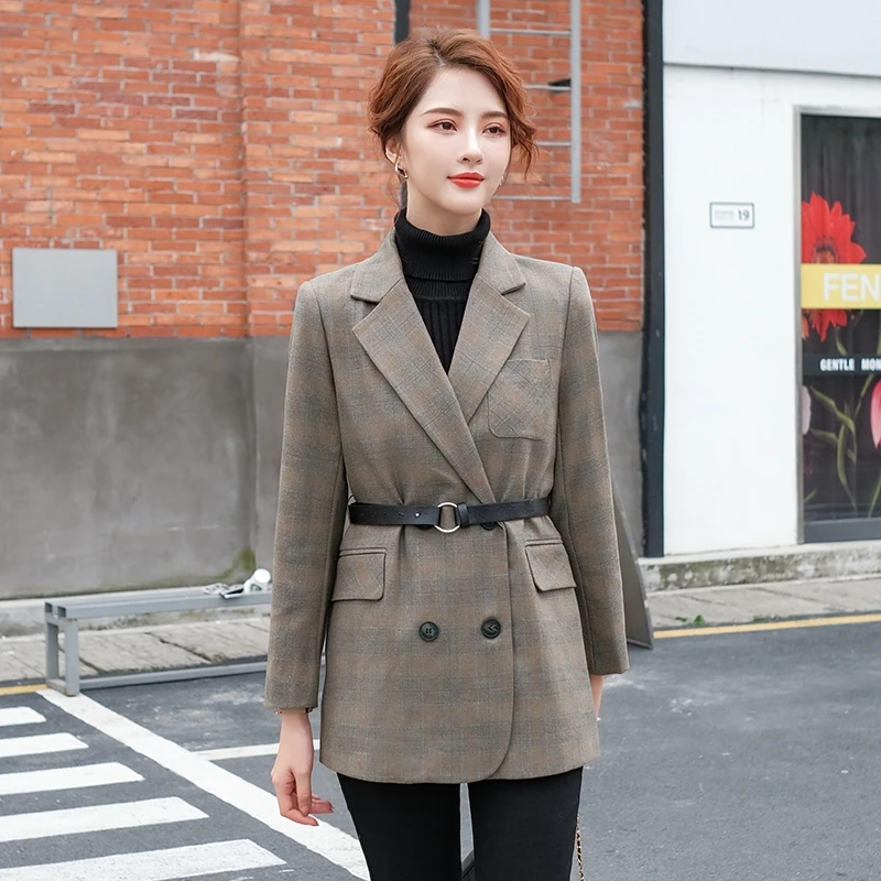 Женский двубортный блейзер в клетку темно зеленый и коричневый пиджак Корейском