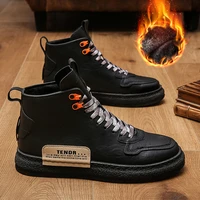 men high top leather sneaker thick soled board shoe casual fashion solid color plus velvet warm martin boot original winter male