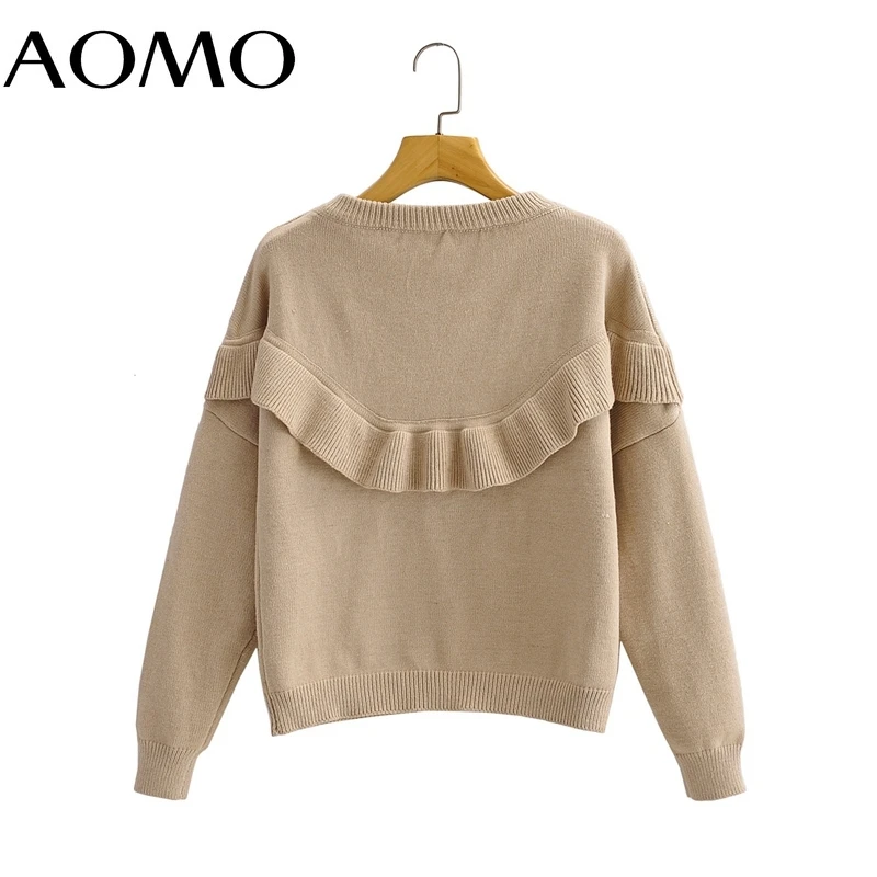 

AOMO Women 2021 Fashion Elegant Ruffles Sweater Jumper O Neck Female Oversize Pullovers Chic Tops 1F286A