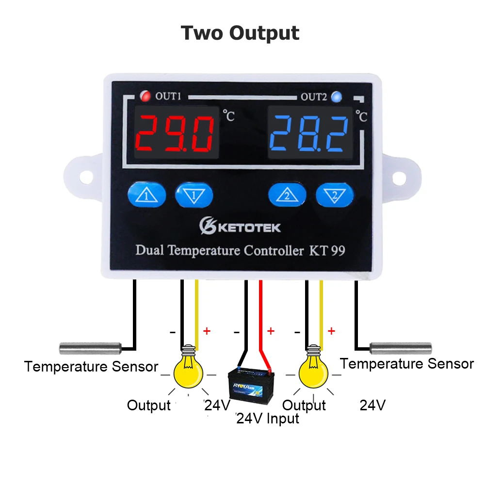 24V two output Цифровой регулятор термостата KT99 10A с прямым выходом, контроль температуры, светодиодный дисплей, переключатель управления нагревом и охлаждением - Цвет: 24V two output