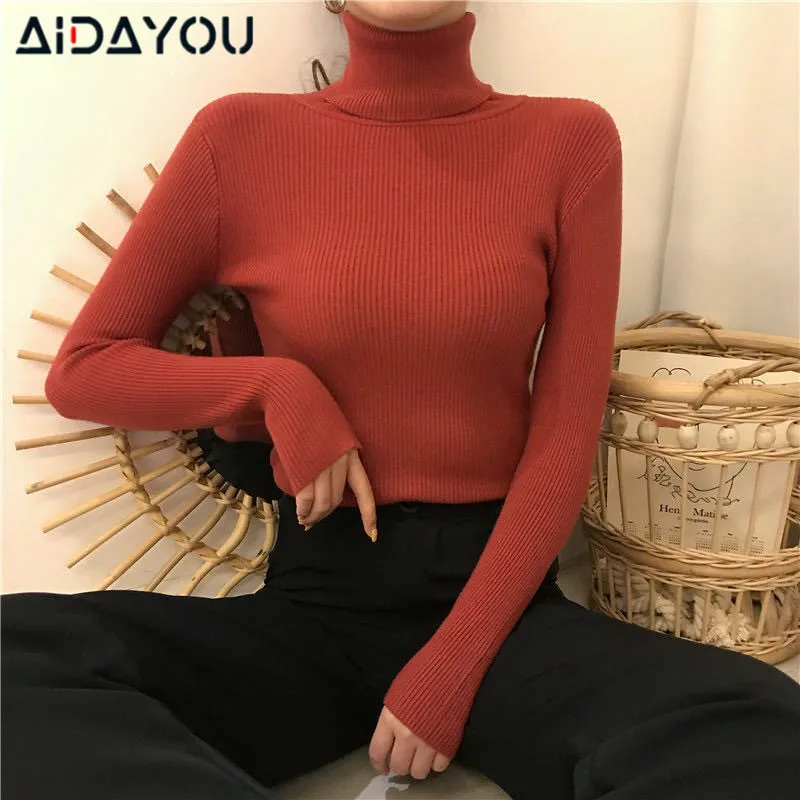 

2020 Womens Long Sleeve Elastic Sweater Knitted Jumper Autumn Winter Tops Turtleneck Pullovers Casual Sweaters Girls ouc031