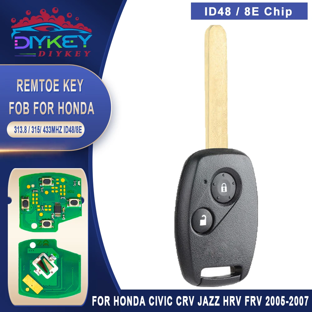 Дистанционный ключ DIYKEY 313 8 МГц/315 МГц/433 МГц ID48/ 8E для 2002 2003 2004 2005 2006 2007 2008 Honda Civic CRV Jazz