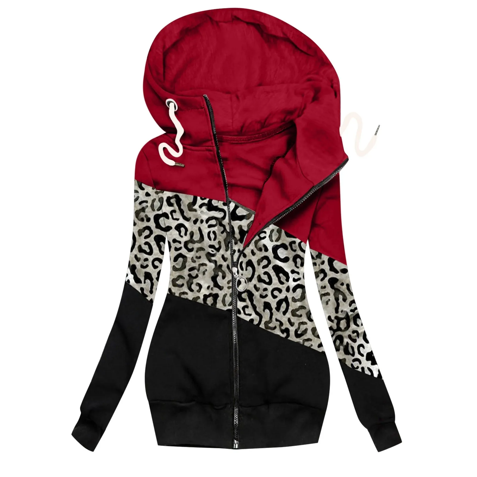 

Hoodie Sweatershirt for Women Slim Zipper Patchworks Color Leopard Drawstring Long Hooded Coat Female Hoody Outwear