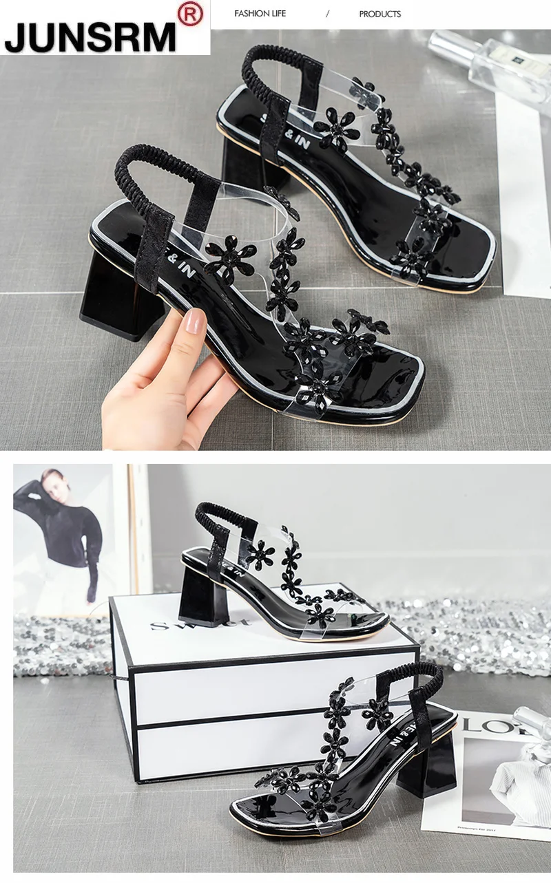 

Net red crystal sandals female summer fairy style 2021 new fashion rhinestone wild word with thick heel high heels