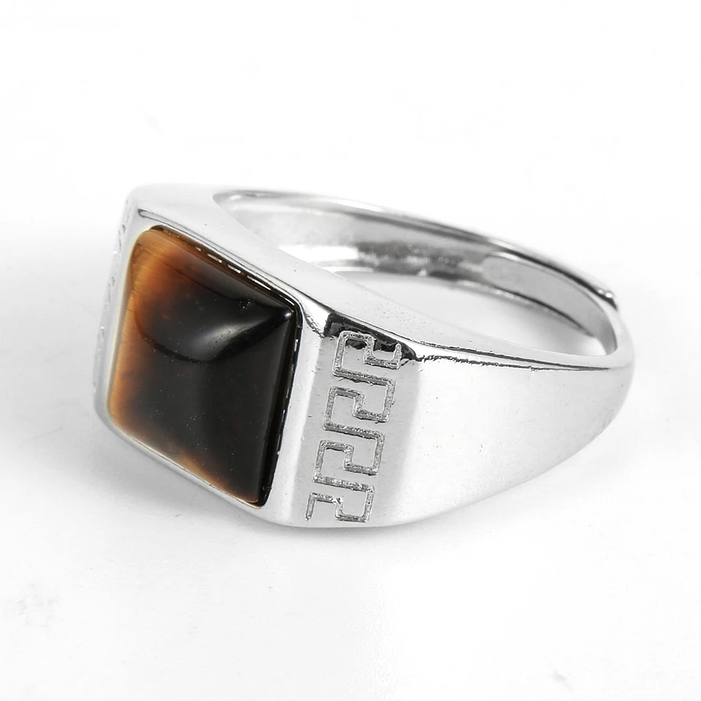 Мужское кольцо 10 мм с натуральным камнем квадратное тигриным глазом Серебряное