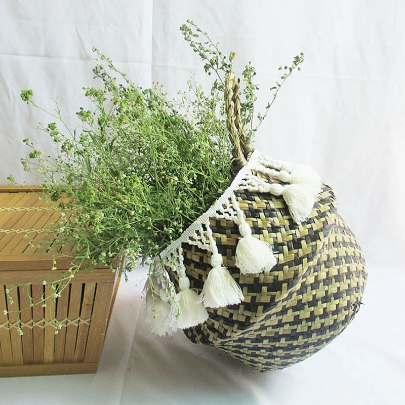 

Handmade Mini bamboo basket, foldable laundry basket, straw tray, wicker, seaweed, belly flowerpot, flowerpot