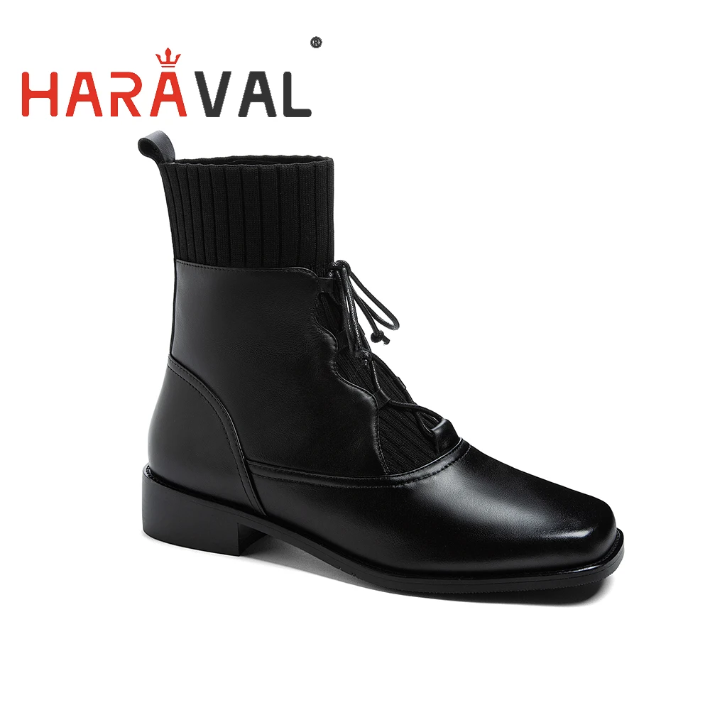 spesifikasi Sepatu Bot Peregangan Renda Ikatan Silang Wanita HARAVAL Sepatu Kulit Coklat Hitam Ujung Persegi Gaya Inggris Sepatu Pergelangan Kaki Bussine E104L