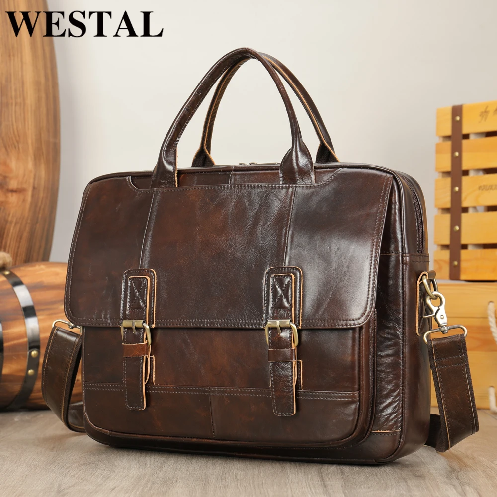 WESTAL men's briefcase  bag men's genuine leather laptop bag men vintage designer luxury brand porte document office bag for men