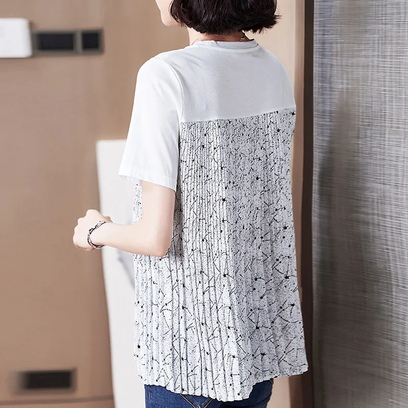 

CHICEVER Print T Shirt For Women O Neck Short Sleeve Ruched Hit Color Patchwork Loose T Shirts Females Fashion Clothing 2021 New
