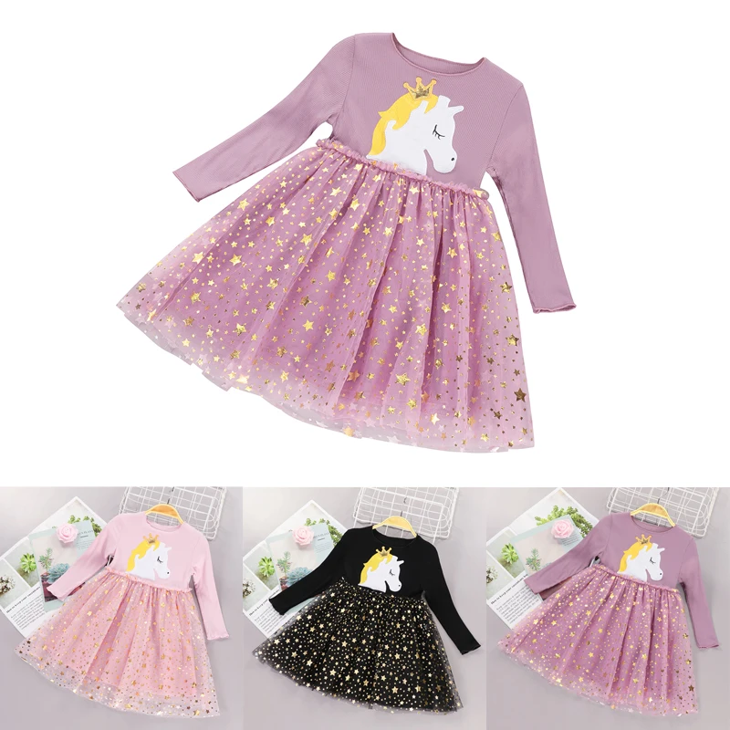 

VOGUEON Fancy Girl Princess Dress Unicorn Print Long Sleeve Dresses for Girls Knitted Mesh Children Clothing Sequins Vestidos