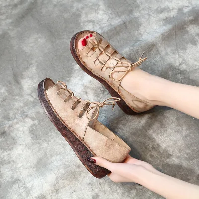 

Flat Bottom Fish Mouth Sandals Women Summer Lace-up Soft Bottom Leather Women Sandals Original Handmade Women's Shoes