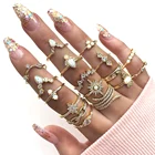 17 шт. опал сердце уплотнительное кольцо с аппликацией в виде Золотой Звезды Кольца костяшки для Для женщин в богемном стиле с украшением в виде кристаллов в форме полумесяца с геометрическим принтом женские кольца на палец, комплект ювелирных изделий