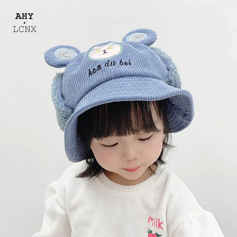 

Protect ears kids Fisherman's hat warm cotton Corduroy with ear Bucket hat cute Baby children's boy girl autum winter for 1-8Y