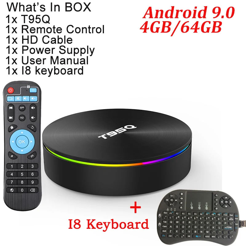 4G 64G with i8 T95Q 4 Гб 64 ГБ Android 9,0 ТВ приставка Amlogic S905X2 четырехъядерный LPDDR3 2,4G& 5 ГГц двойной Wifi BT4.1 H.265 4K медиаплеер смарт-бокс - Цвет: 4G 64G with i8