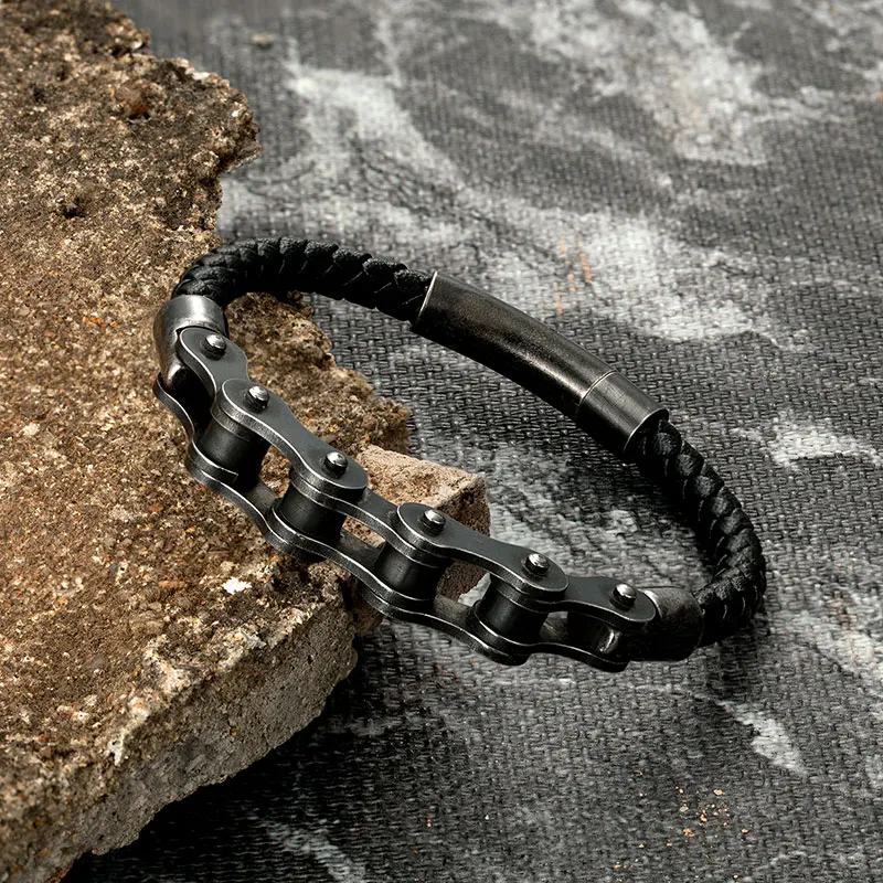 

Vintage Braided Genuine Leather Men Stainless Steel Bracelet Motorcycle Bike Chain Wristband Punk Male Wholesale Bangle Jewelry