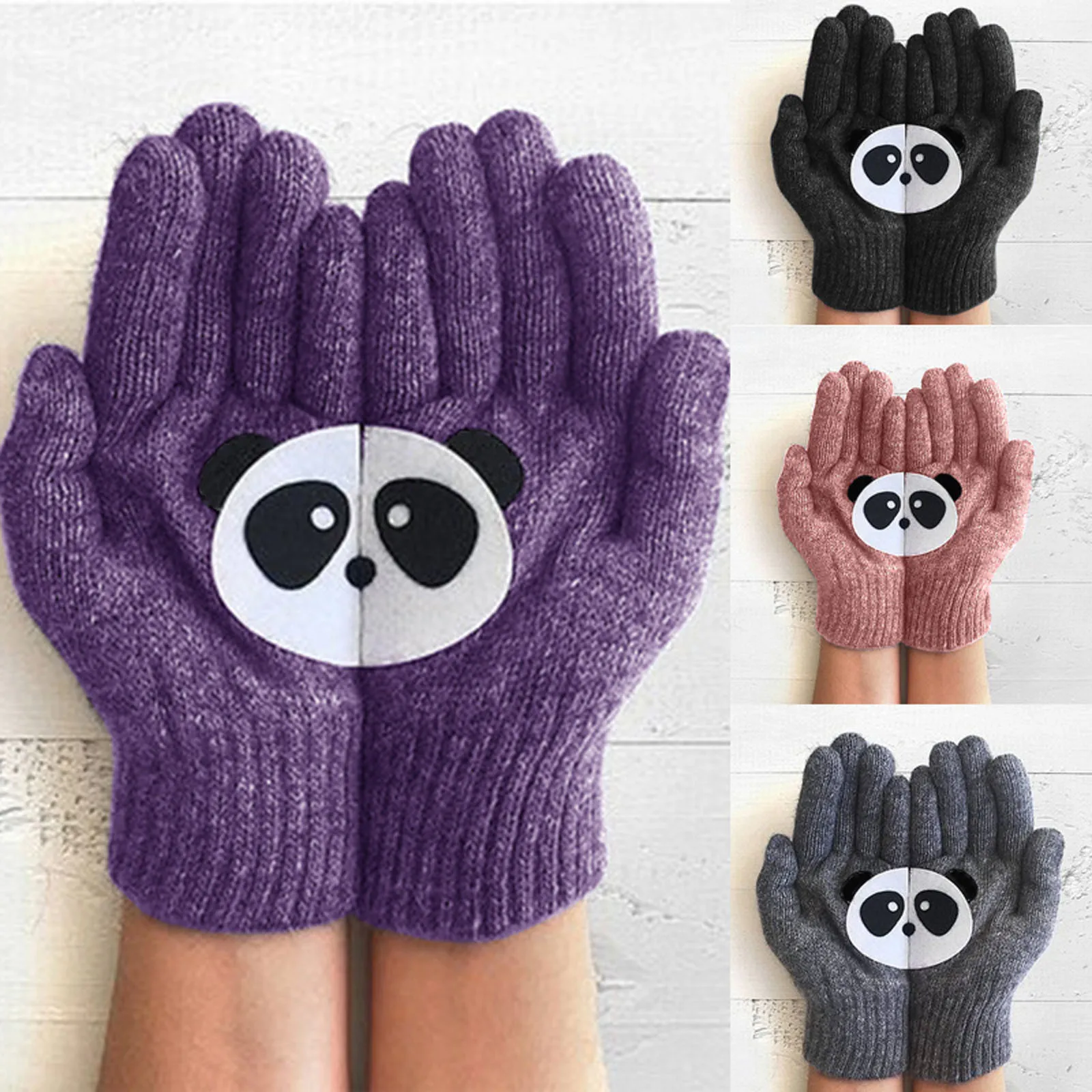 

2020 Cute Panda Cartoon Print Full Finger Wrist Gloves Women Girls Winter Warm Woolen Cycling Gloves Cheap