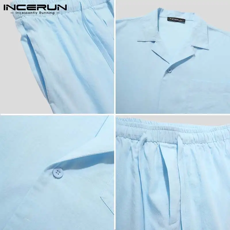 

INCERUN Men Pajama Sets Cozy Solid Color Homewear Short Sleeve Lapel Sleepwear Pants Leisure Nightwear Sets Men 2 Pieces S-5XL