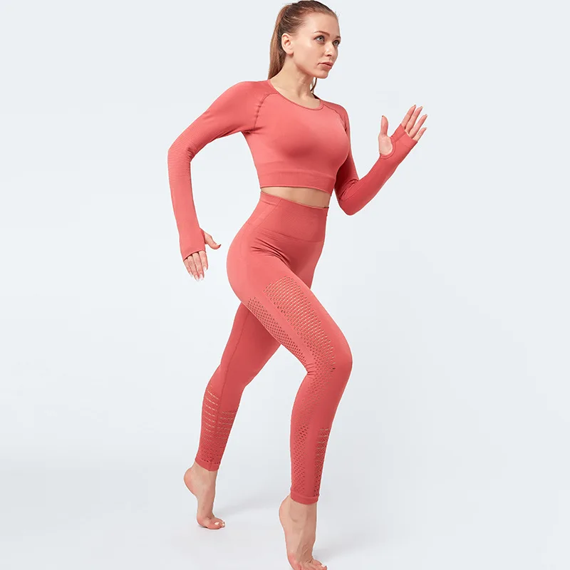 

Seamless Solid Yoga Suit Women Gym Clothes Long Sleeve Crop Top Hollow Out Leggings Sports Tracksuit Fitness Workout Outdoor Set