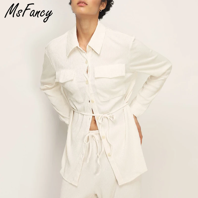 

Msfancy Pant Sets Women 2021 Harajuru Long Sleeve Shirt High Waist Wide Leg Pant Mujer Blue 2 Piece Set Casual Pajamas