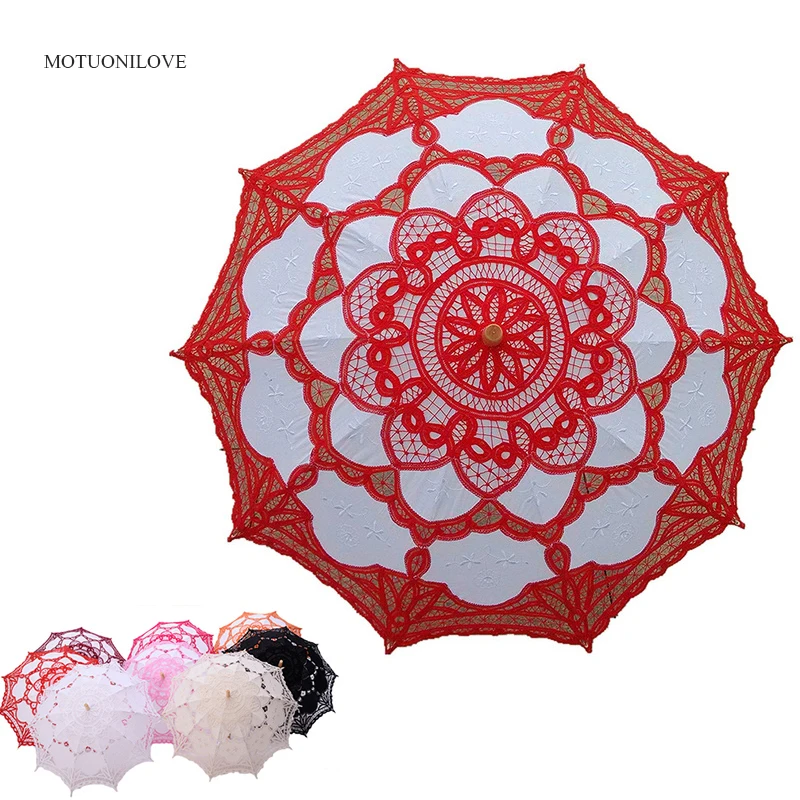 

Зонт Свадебный кружевной с вышивкой, черный, красный, белый зонт от солнца из хлопка для невесты, деревянная ручка, зонт Свадебный Декоратив...