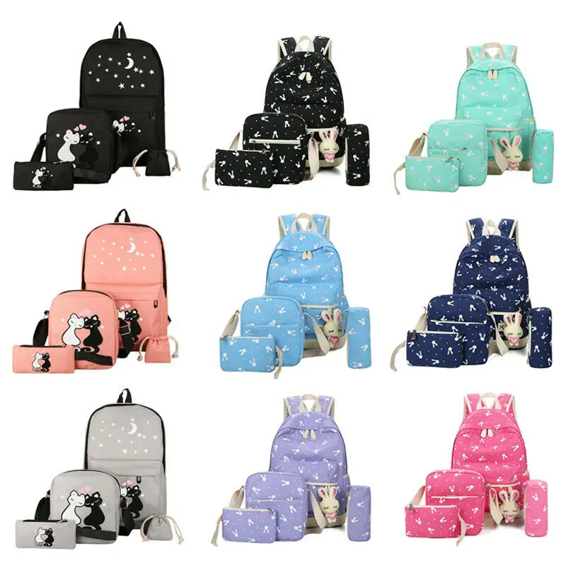 2019 Новый повседневный рюкзак с картинкой для девушек и женщин среднего и большого размера, рюкзак для школы и путешествий из канваса, набор из 4-х предметов.