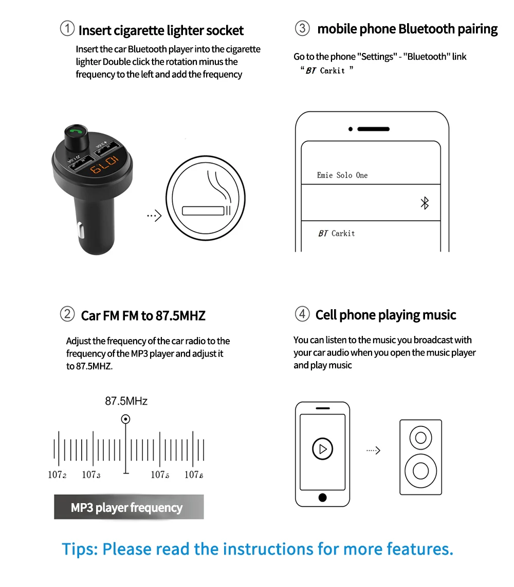 Автомобильное зарядное устройство USB, беспроводная гарнитура, Bluetooth 5,0, комплект, fm-передатчик, MP3 плеер, a, быстрая зарядка, двойное зарядное устройство USB, поддержка TF карты