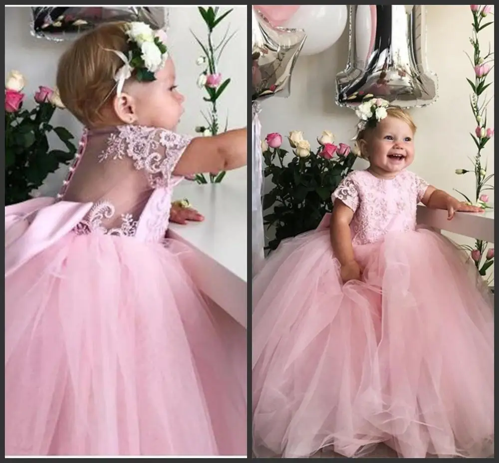 Розовое платье с цветочным узором для девочек круглым вырезом кружевной