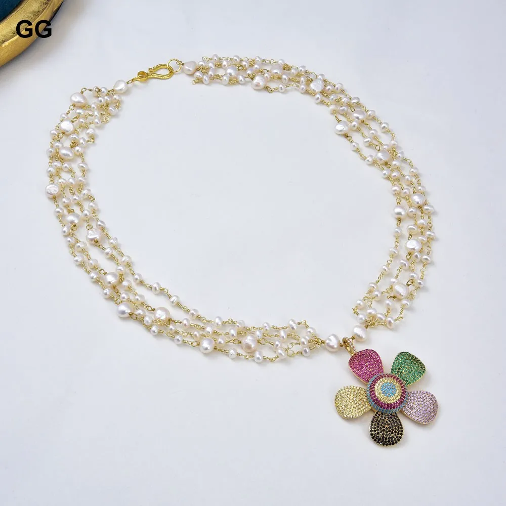 GG Jewelry 24'' 4 Strands White Pearl Necklace CZ Pave Flower Pendant | Украшения и аксессуары