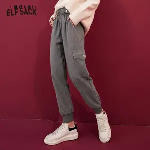 Женские брюки ELFSACK, однотонные, с высокой эластичной резинкой на талии, повседневные, зимние, на молнии, с шикарным карманом, 2020, корейские, женские, повседневные, свободные брюки