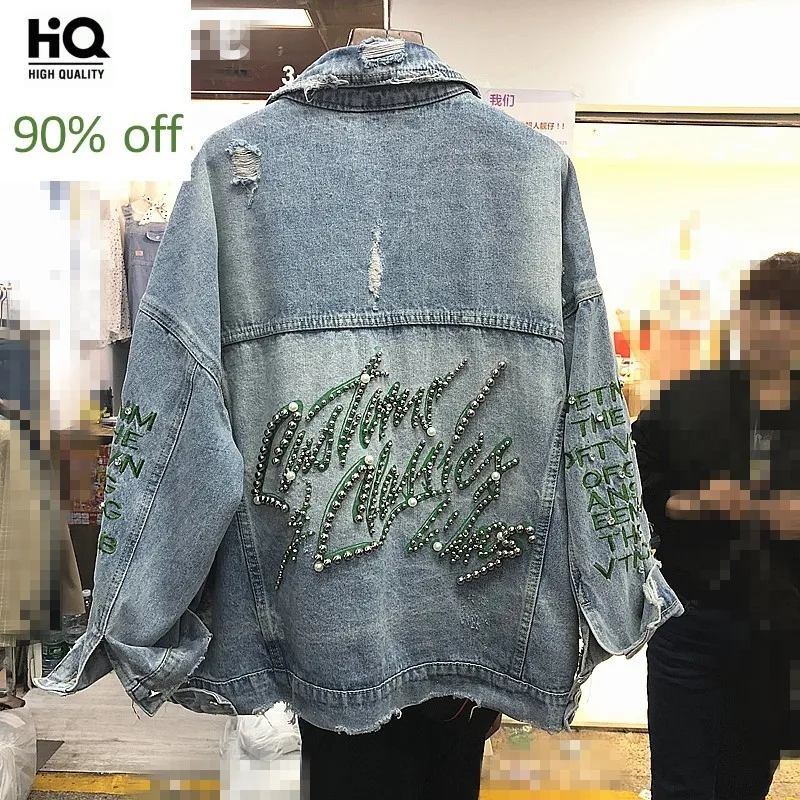 Хип хоп женские джинсовые куртки свободного кроя на весну и осень с вышитыми