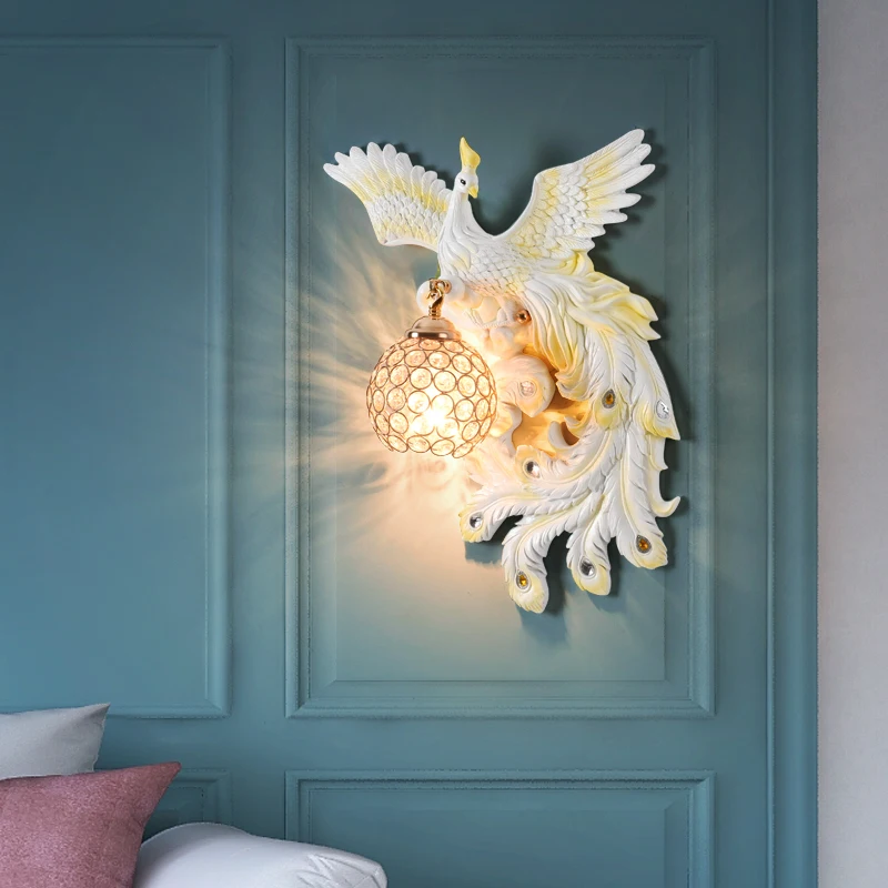 

European Retro Wall Lamp Peacock Wall Lights Home Lusters Crystal Lamp Shade Bedside Resin Wall Sconces Indoor Lighting Fixtures