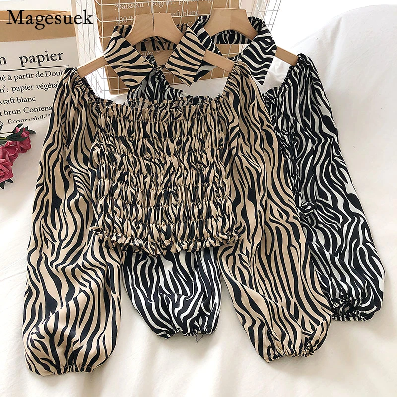 

New Casual Vintage Shirts For Women Pleated Short Lantern Sleeve Blouse Femme Zebra Stripes Off Shoulder Top Women Shirt 12070