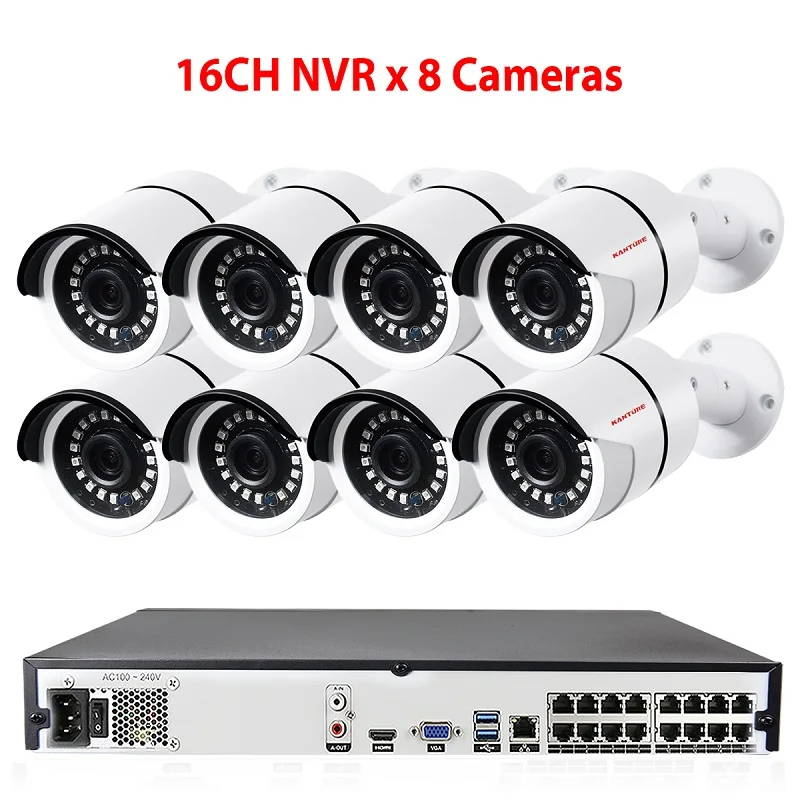 KANTURE 16CH H.265+ 4K 5MP POE NVR комплект 16 шт. аудио 1080P IP66 Антивандальная безопасность уличная IP камера система видеонаблюдения - Цвет: 16CH NVR x 8 Camera