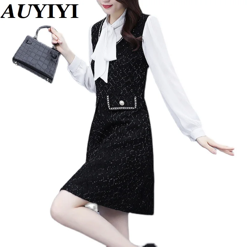 

AUYIYI Black Fashion Plus Size Dress 2021 Fall New Women's Waist Waist Waist Thin Hepburn Style Temperament Skirt