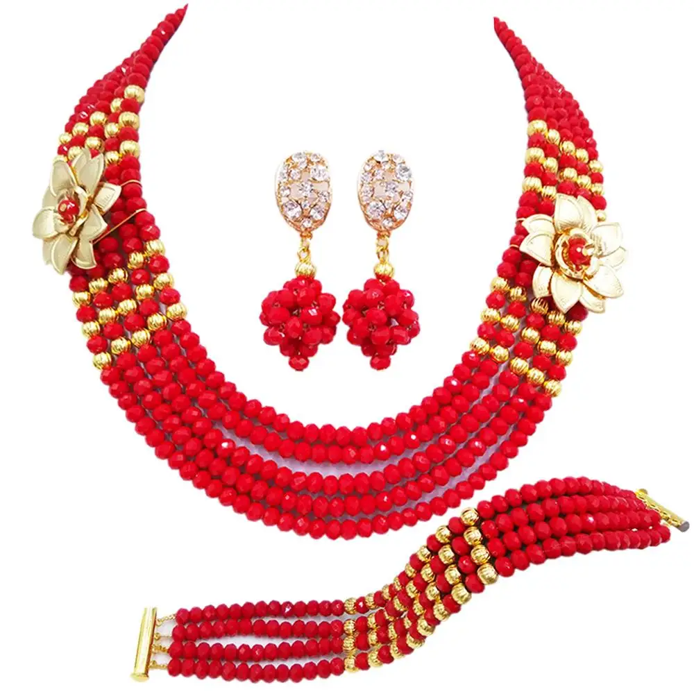 

Отличные непрозрачные красные Африканские свадебные бусы 5 рядов двойной цветок хрустальный бисер нигерийский ювелирный набор 5C-SXH-07