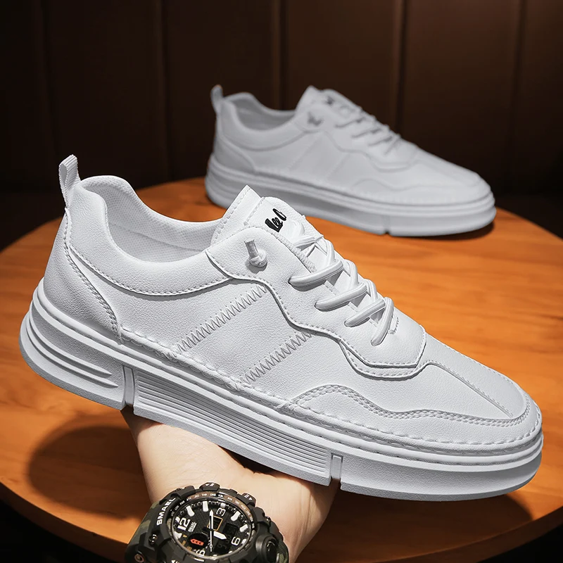

CYYTL Fashion Simple Men's Sneakers Korean Street White Shoes Students Boys Sports Flats Lace-up Leather Casual Footwear