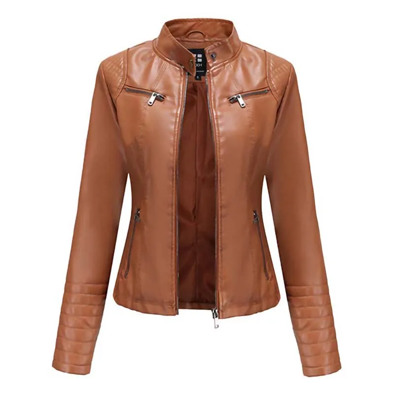 Women Faux Leather Jacket Autumn Long Sleeve Solid Zipper Pocket Biker Oversize Leather Coat Female Casual Black Jacket Outwear