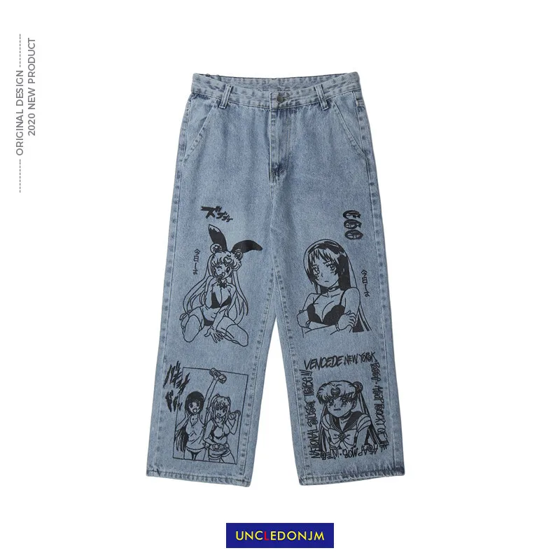 

UNCLEDONJM Cartoon Printed Jeans Men's BF Harajuku Fashion Brand Street wear Casual Fashion graffiti loose blue jeans