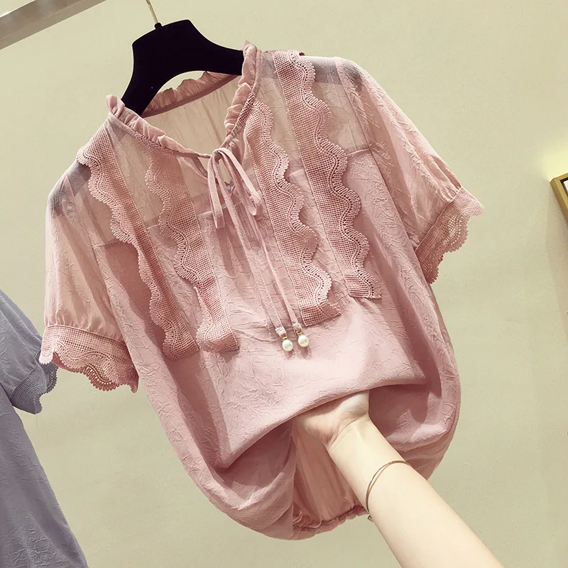 Женские шифоновые блузы топы летний комплект одежды с рюшами кружевная рубашка