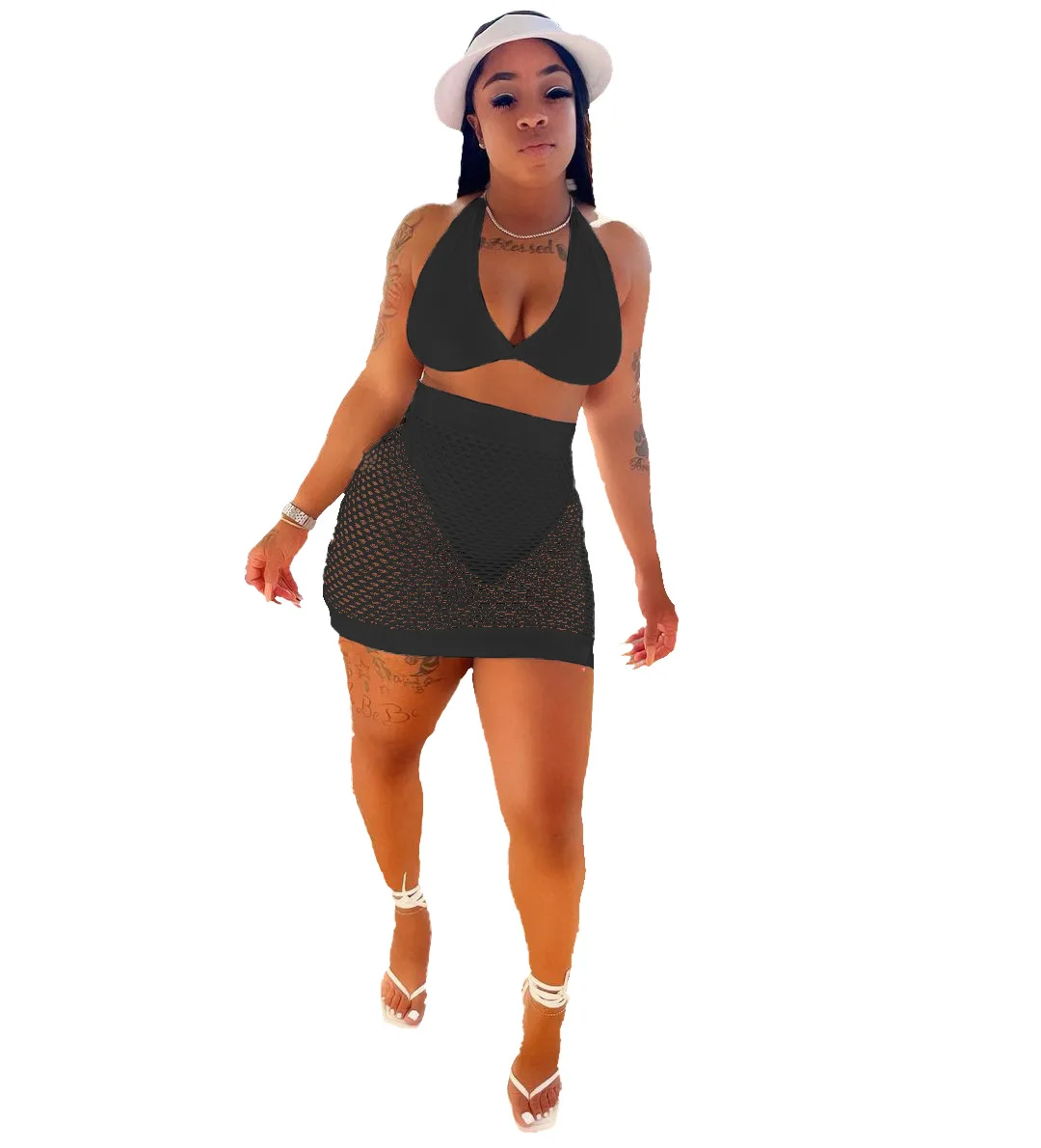 

Donsignet Women Skirts Set Summer Fashion Solid-Color Mesh Conjunto Feminino Women Crop Top and Skirt Set Two Piece Outfits