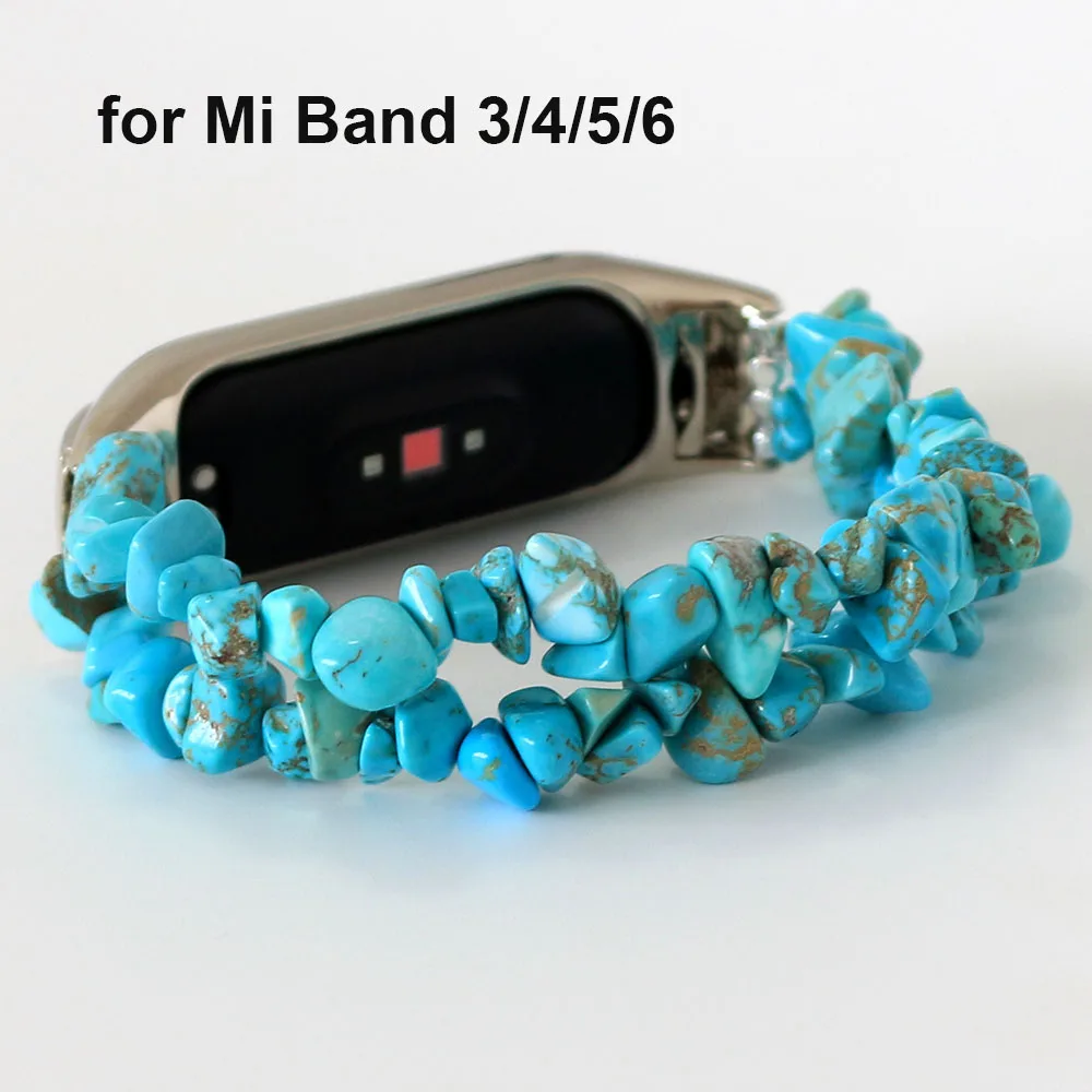 

New Beads Watch Strap Women for Xiaomi Mi Band 6 5 Bracelet Wristband on Miband 4 3 Watchband Natural Blue Stone Beaded Handmade