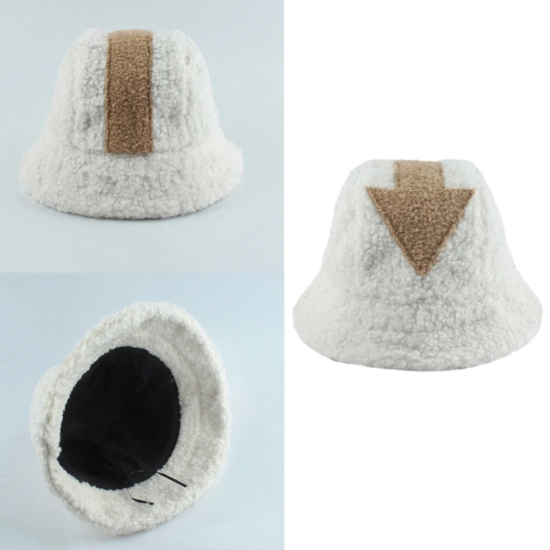 

Unisex Winter Thicken Fuzzy Plush Warm Bucket Hat Harajuku Hip Hop Vintage Arrow Symbol Patchwork Panama Fisherman Cap