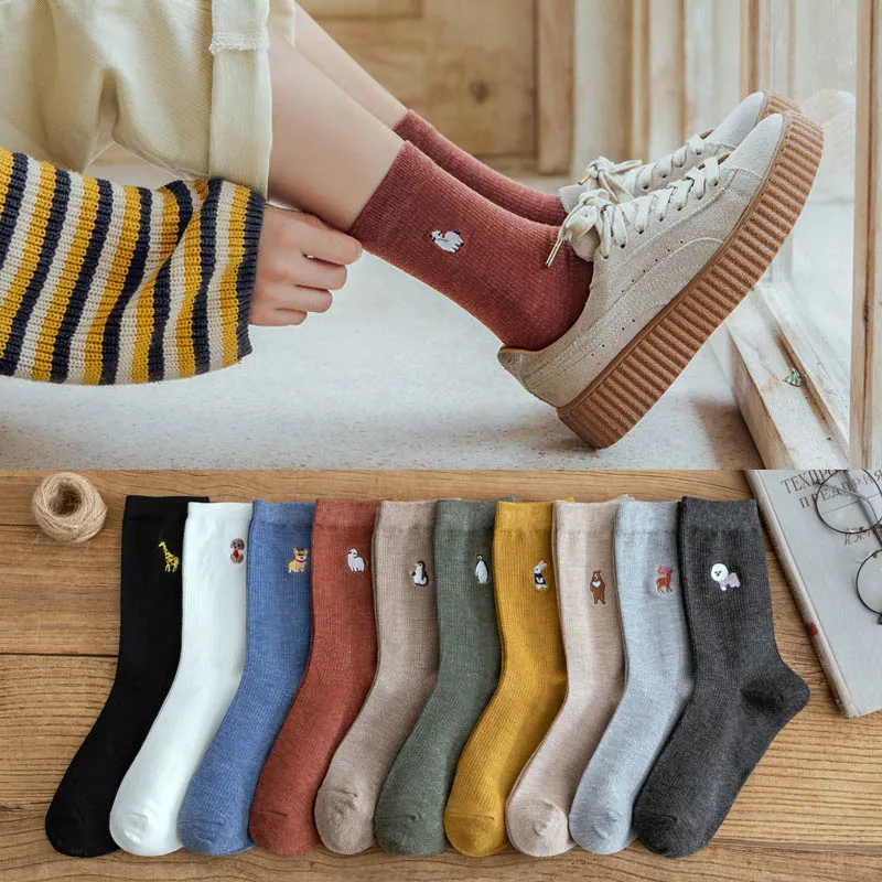 

Embroidery Autumn/Winter Solid Color Cotton Mid Tube Stockings Cute Animal Women Socks