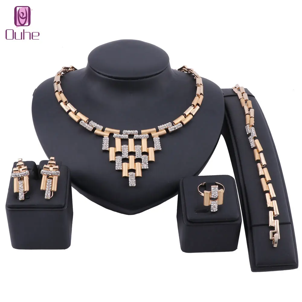 

Women Customer Nigerian Wedding Dubai Gold Color Jewelry Sets Crystal Bridal Accessories Necklace Earring Bangle Ring Set